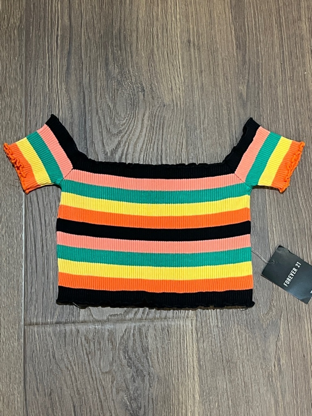 Forever 21 NEW off the shoulder striped crop sweater top women’s size M ruffle
